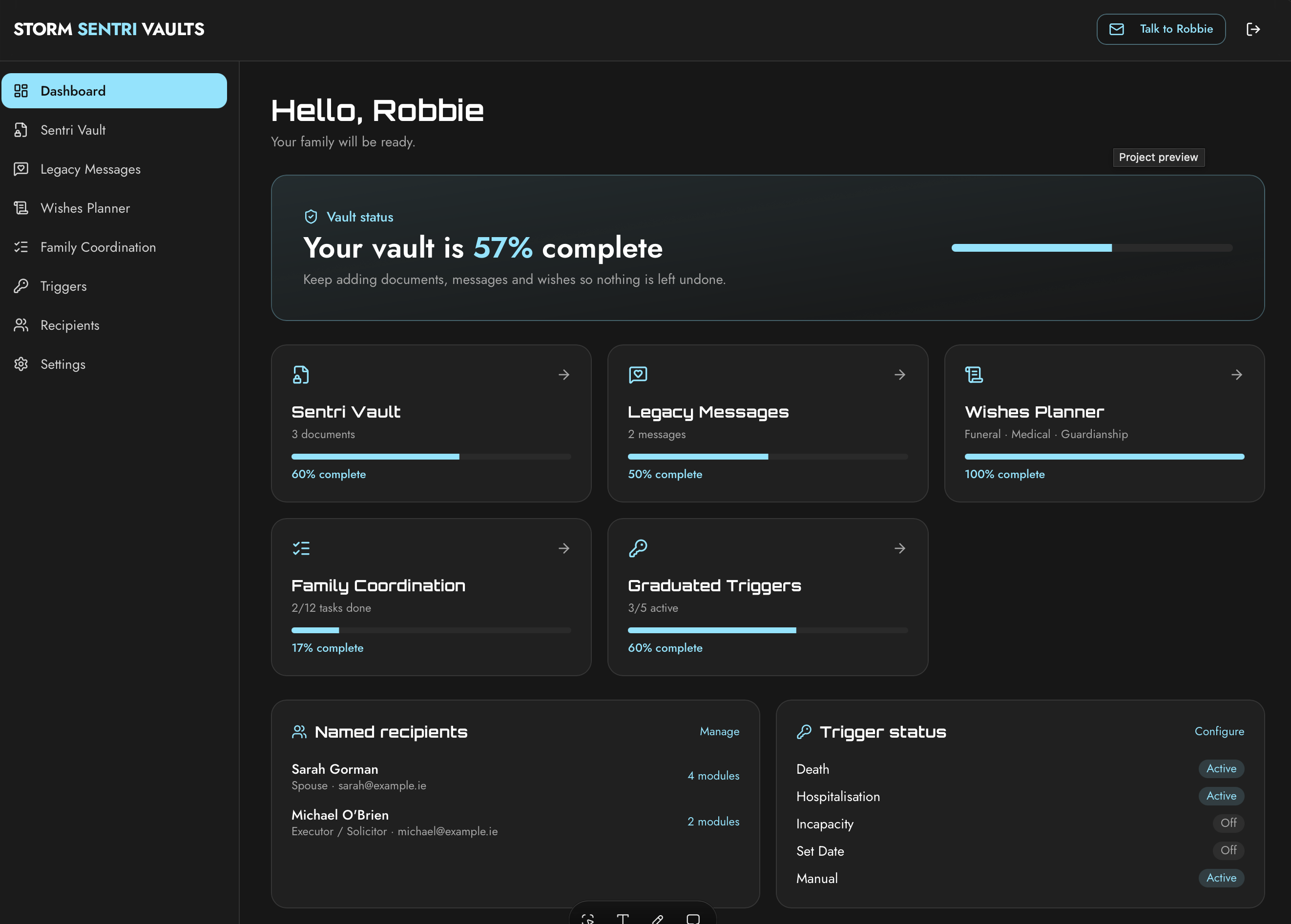 Storm Sentri Vaults dashboard preview
